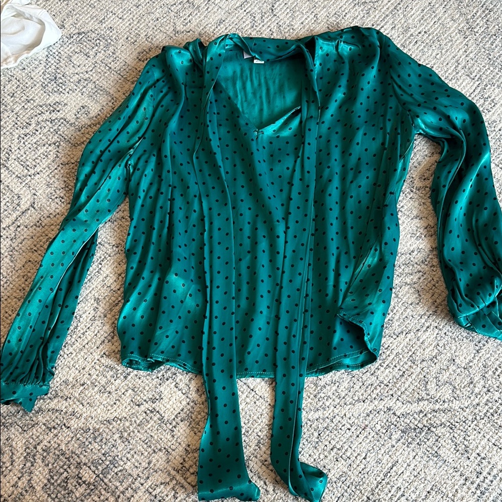 Topshop Green Long Sleeve Tie Front Blouse